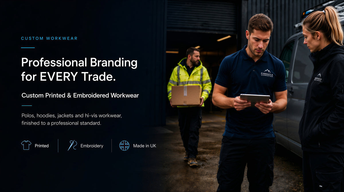 Two people in branded workwear using a tablet in a warehouse setting, with promotional text about custom branded workwear.slider_item_HdATGG
