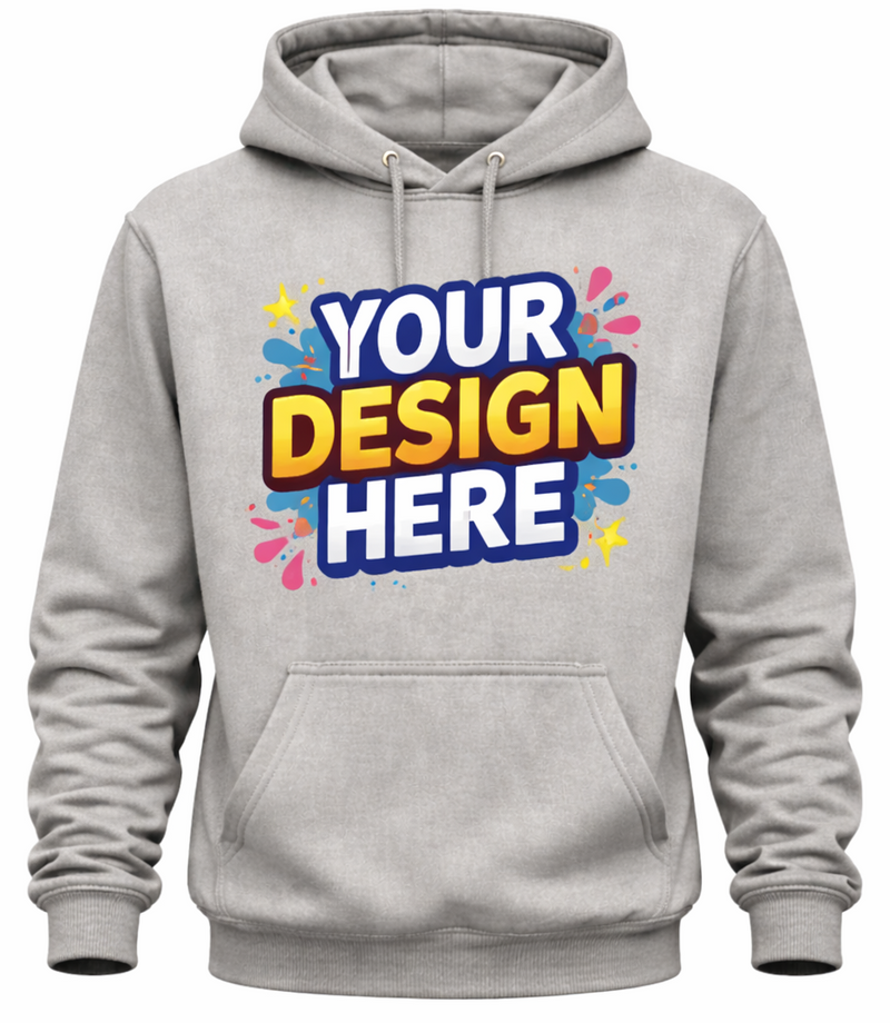 Gray hoodie with 'Your Design Here' text on a white background