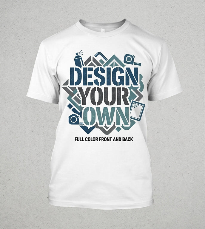White t-shirt with 'Design Your Own' text on front and back, on a gray background