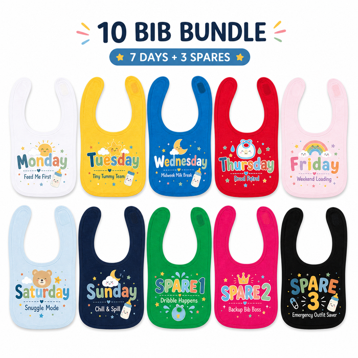 Days of the Week Baby Bib Set — 10 Pack | Pre-Printed UK