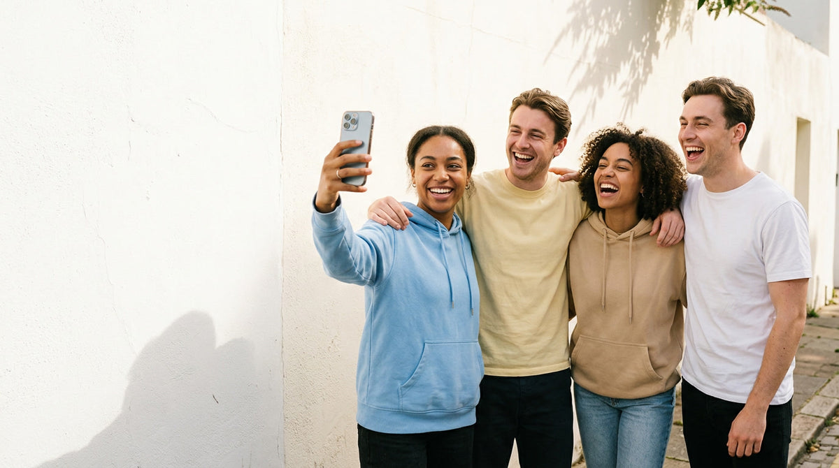 Friends in custom printed T-shirts and a hoodie